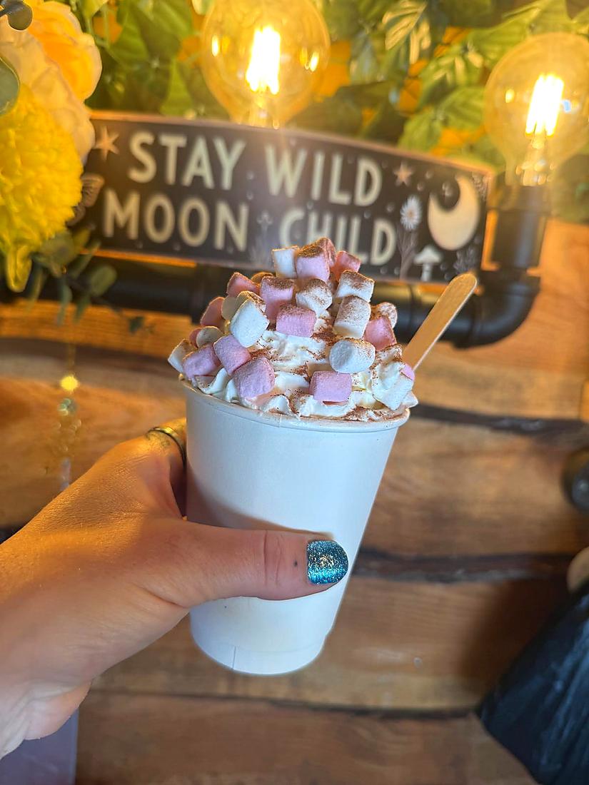 A luxury hot chocolate piled with marshmallows and dusted with cocoa, held inside the van